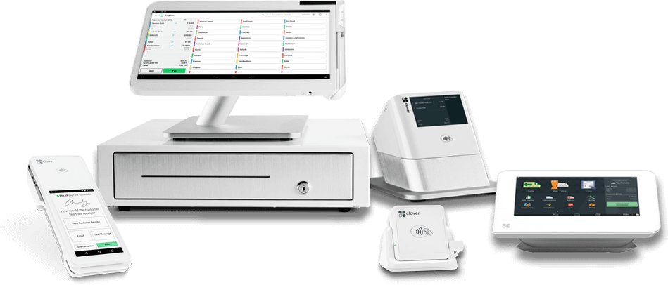 Clover point-of-sale family: Station, cash drawer, Flex handheld, Mini, and card reader